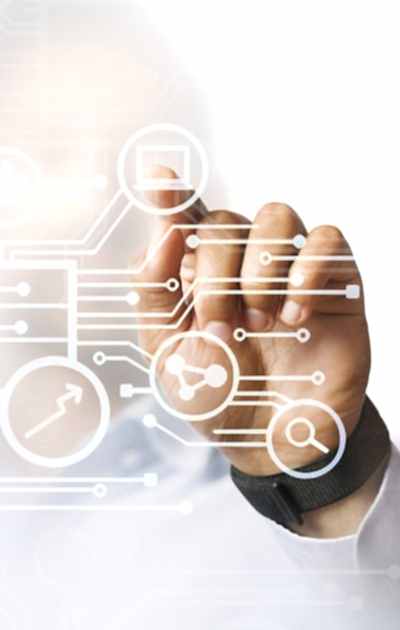 Businessman pointing at his presentation on the futuristic digital screen